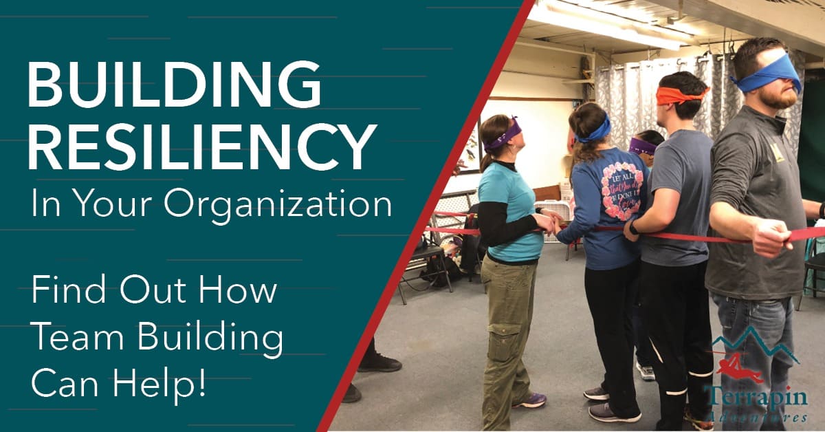 The image reads "Building Resiliency in Your Organization: Find out how team building can help." There is an image of multiple people blindfolded and tied together.